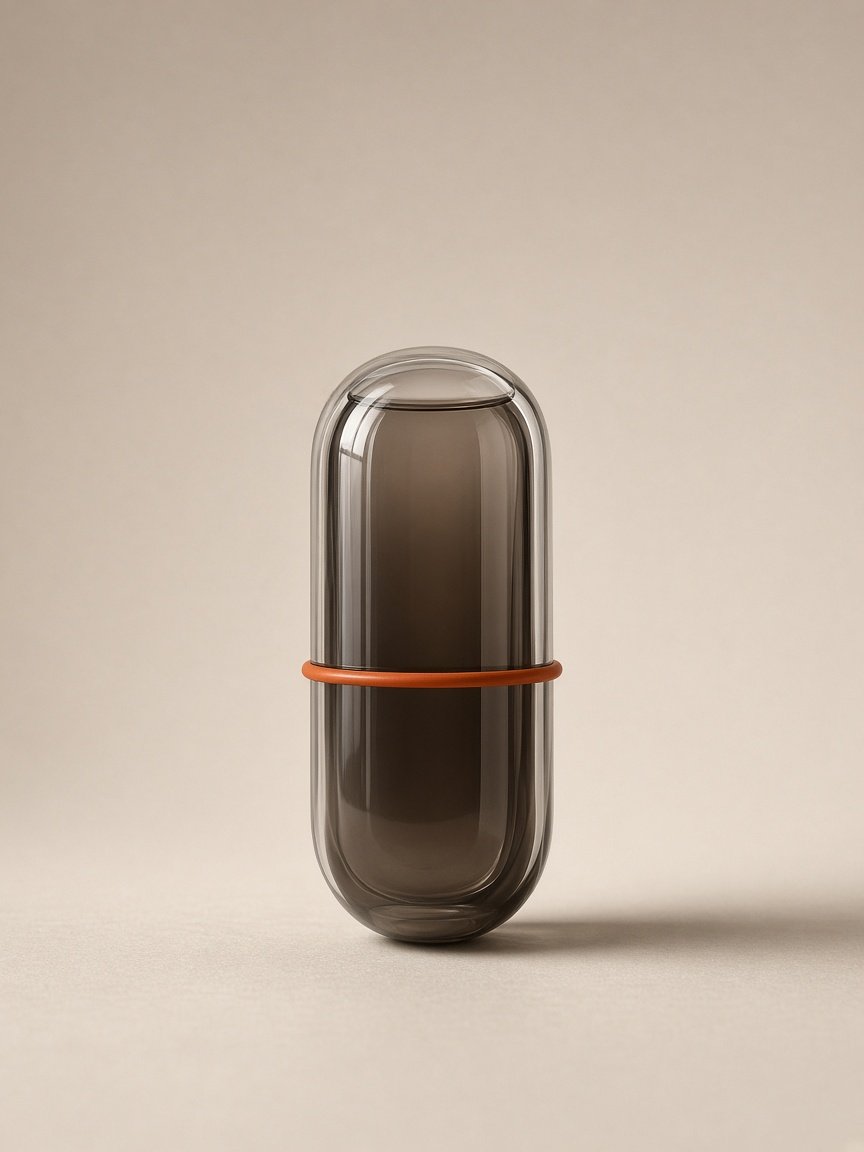 Clear acrylic capsule standing on warm paper, photographed as a still object.